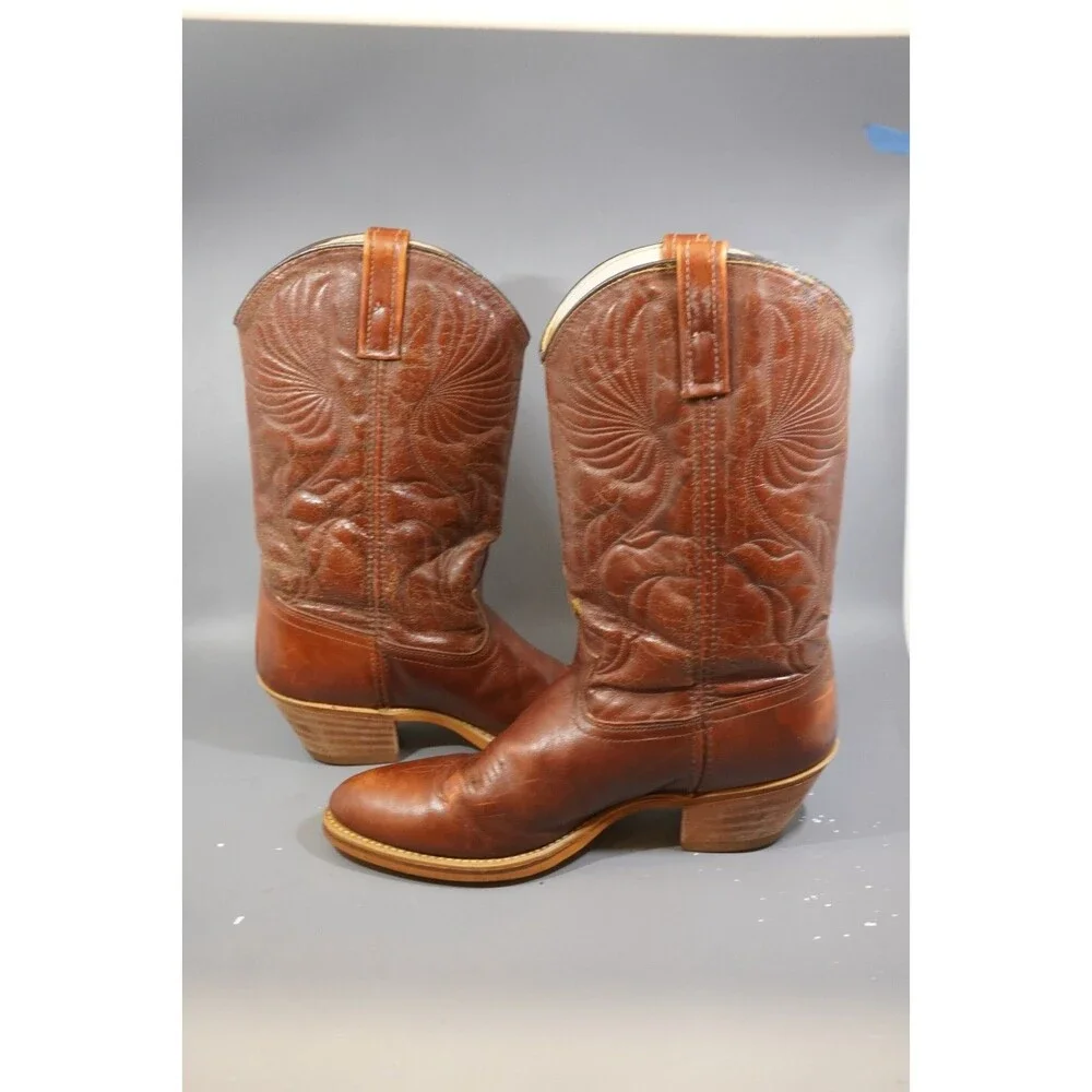 Vintage Dingo 5905 Cowboy Boots 10.5 D Brown Leather Acme Western Stacked Heel